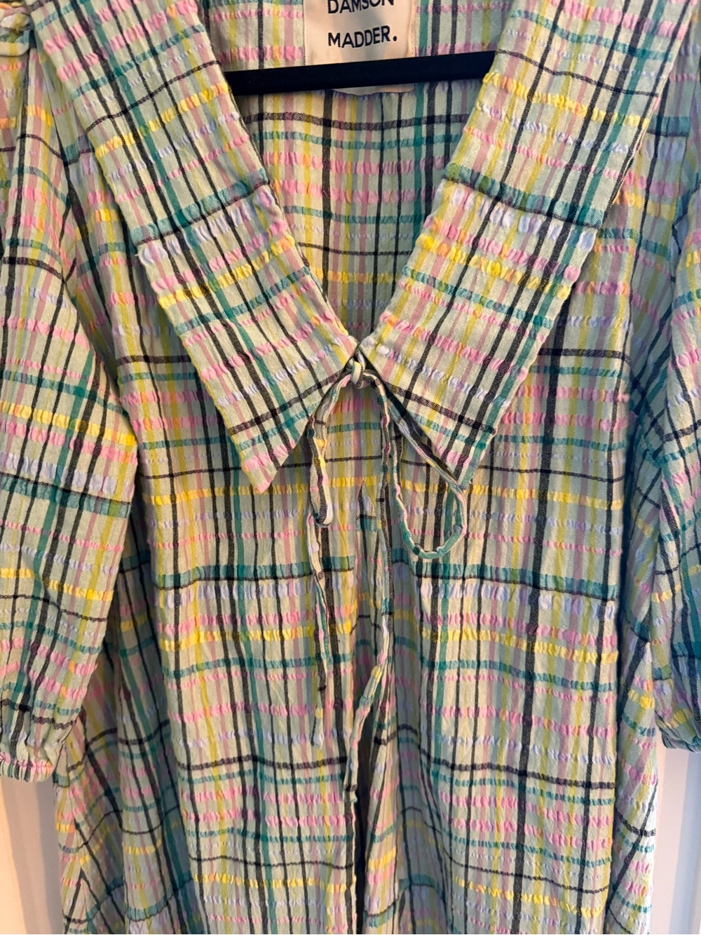 Women’s Pastel Plaid Puff-Sleeve Dress - Green - Picture 4 of 5